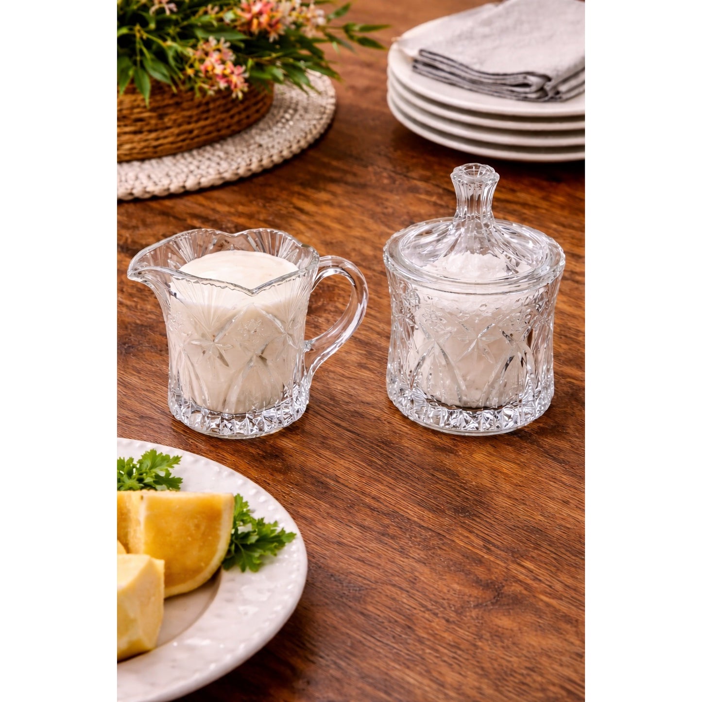 Vintage Pressed Glass Creamer Sugar Set Starburst Fan Pattern Lidded Sugar Bowl Clear Glass