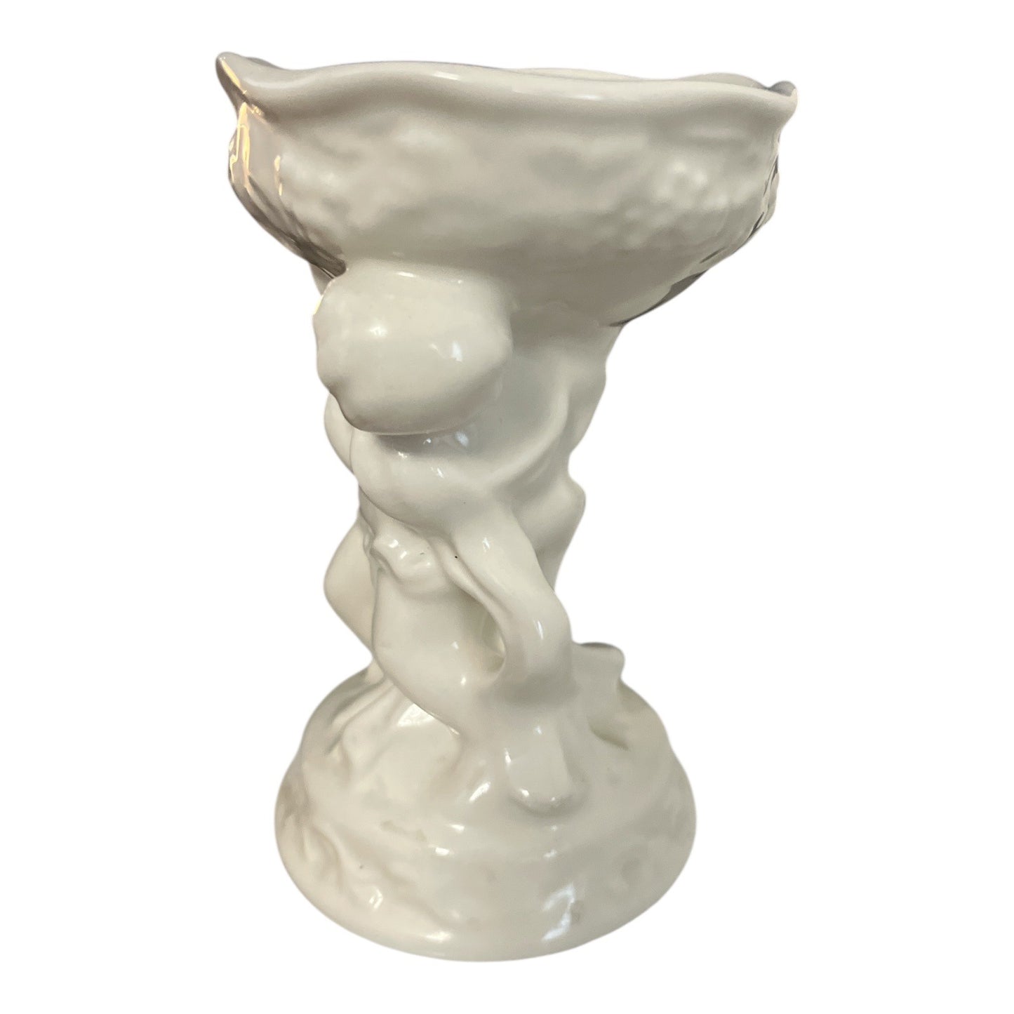 Vtg White Cherub Compote Dish – Made in England, Glossy Porcelain, Scalloped Rim, Mid-Century Baroque Style, 5.5"