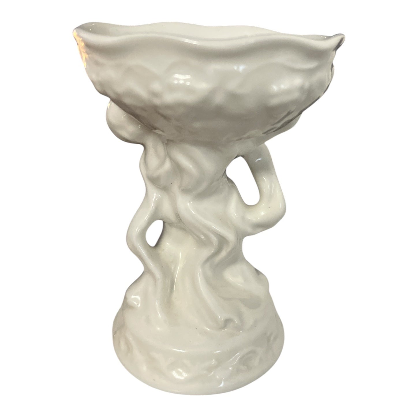 Vtg White Cherub Compote Dish – Made in England, Glossy Porcelain, Scalloped Rim, Mid-Century Baroque Style, 5.5"