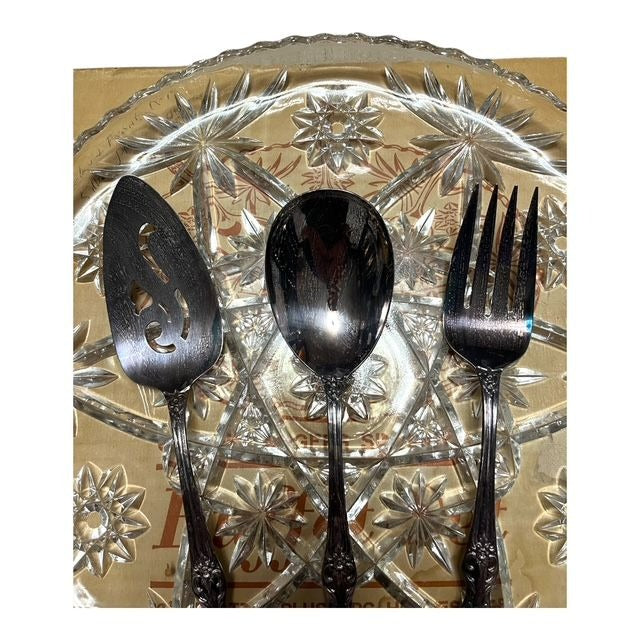 Vintage Rogers Silverplate Buffet Set with Pressed Glass Platter – Original Box – MCM Hostess Set