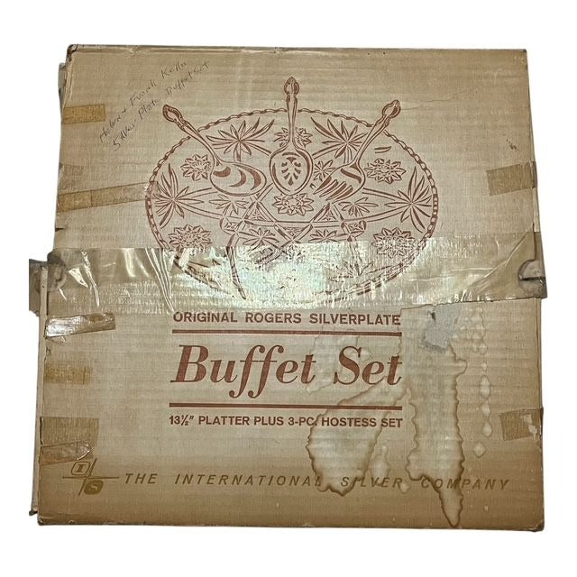 Vintage Rogers Silverplate Buffet Set with Pressed Glass Platter – Original Box – MCM Hostess Set