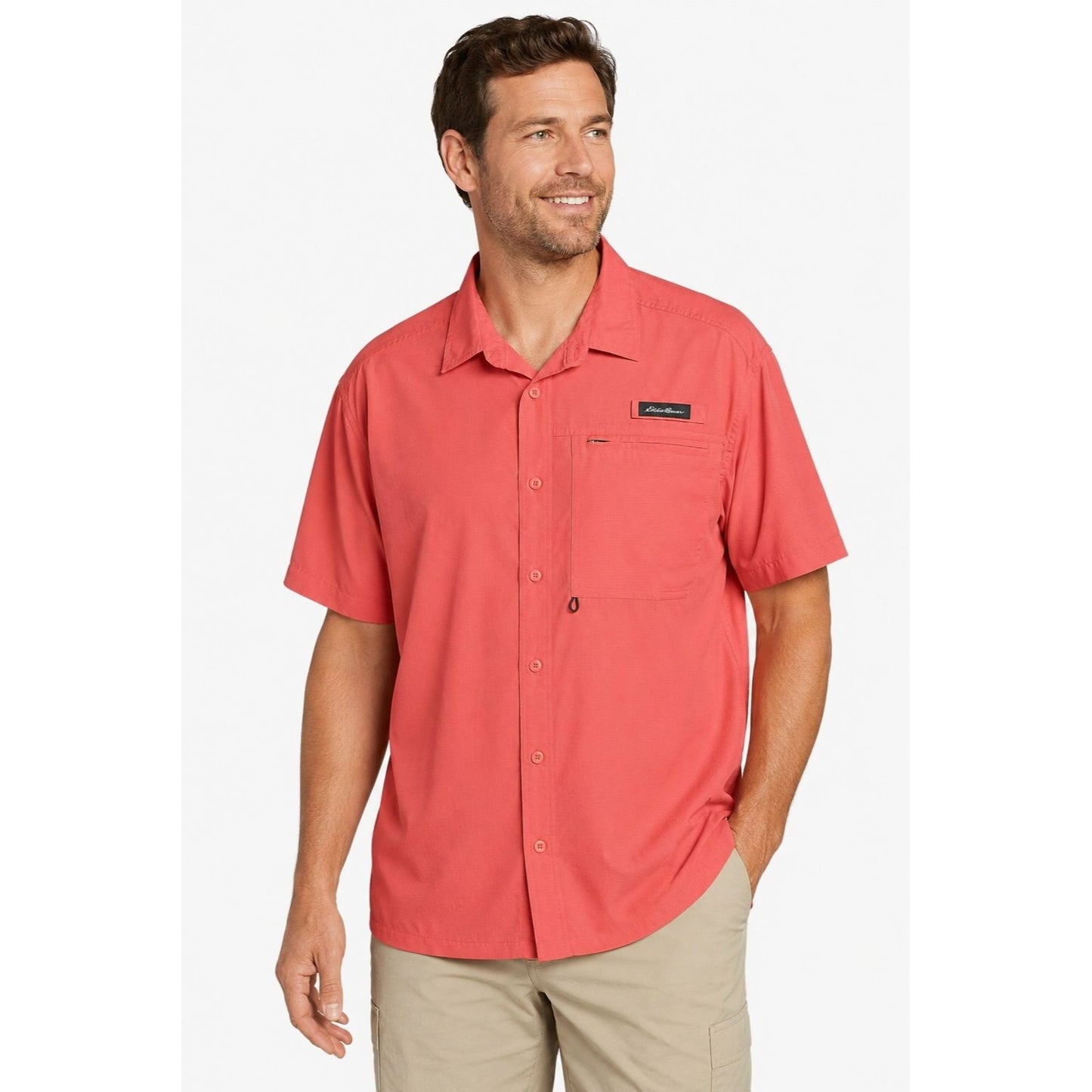 Eddie Bauer Fishing Shirt Mens XXL Coral Pink Short Sleeve Vented Performance Button Front
