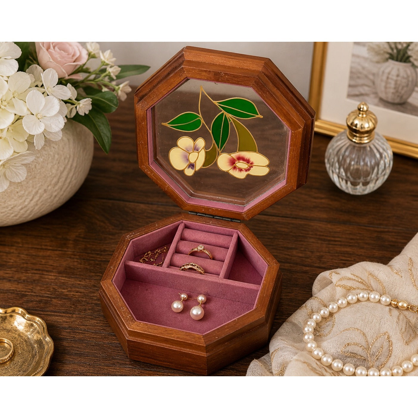 Vintage Mele Wooden Jewelry Box Octagon Floral Glass Lid Ring Holder Made in Taiwan
