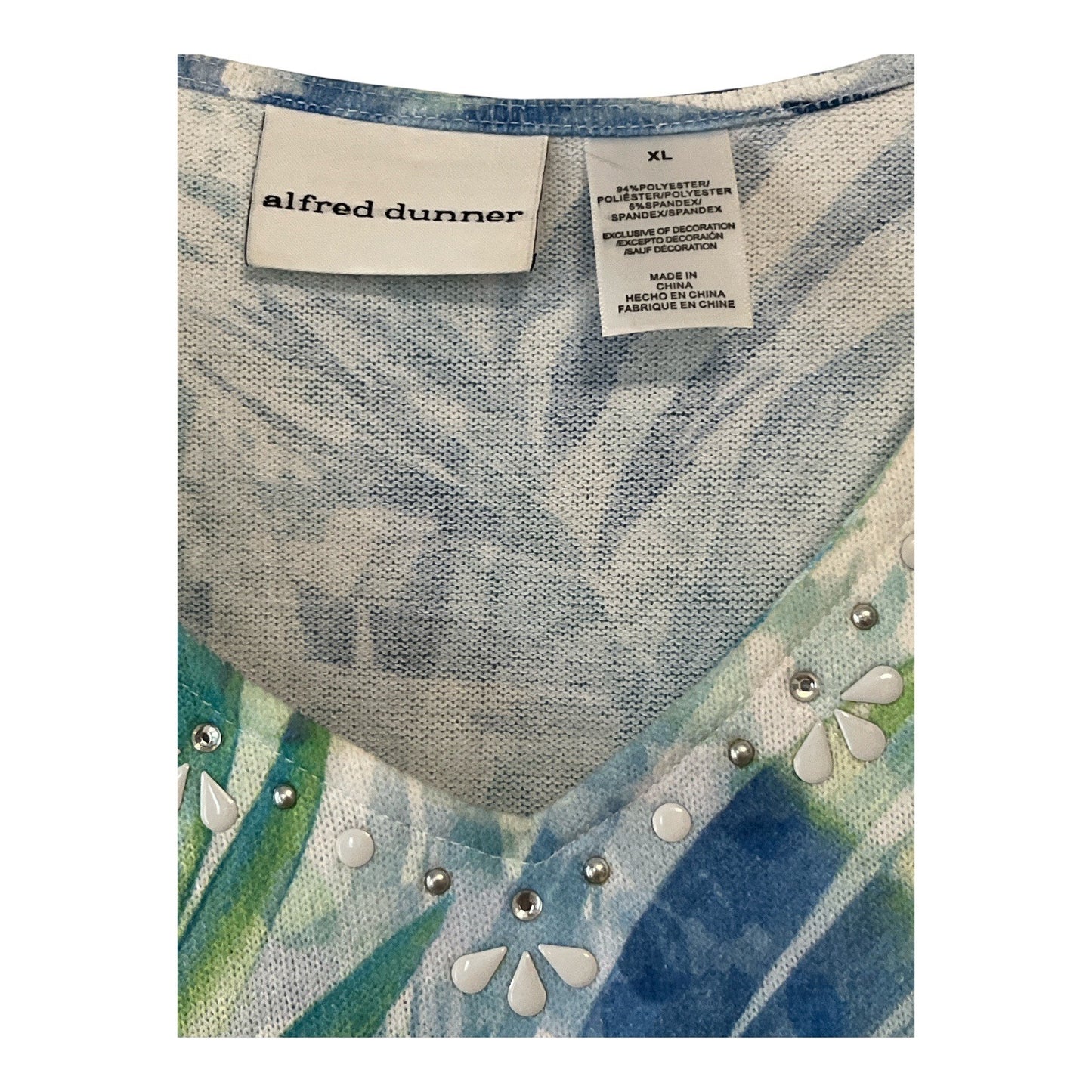 Alfred Dunner Women’s XL Tropical Knit Top – Embellished V-Neck, Fringe Hem
