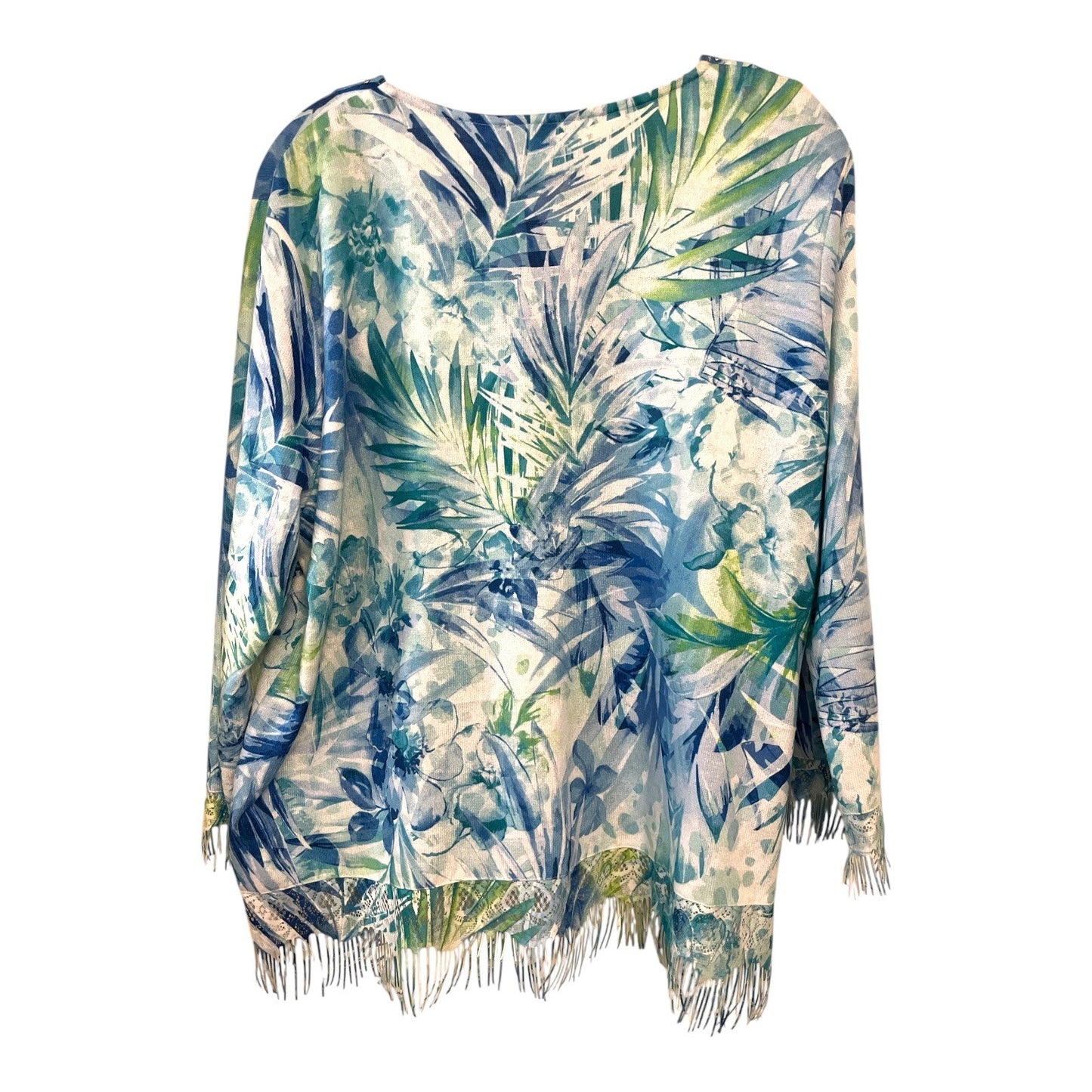 Alfred Dunner Women’s XL Tropical Knit Top – Embellished V-Neck, Fringe Hem