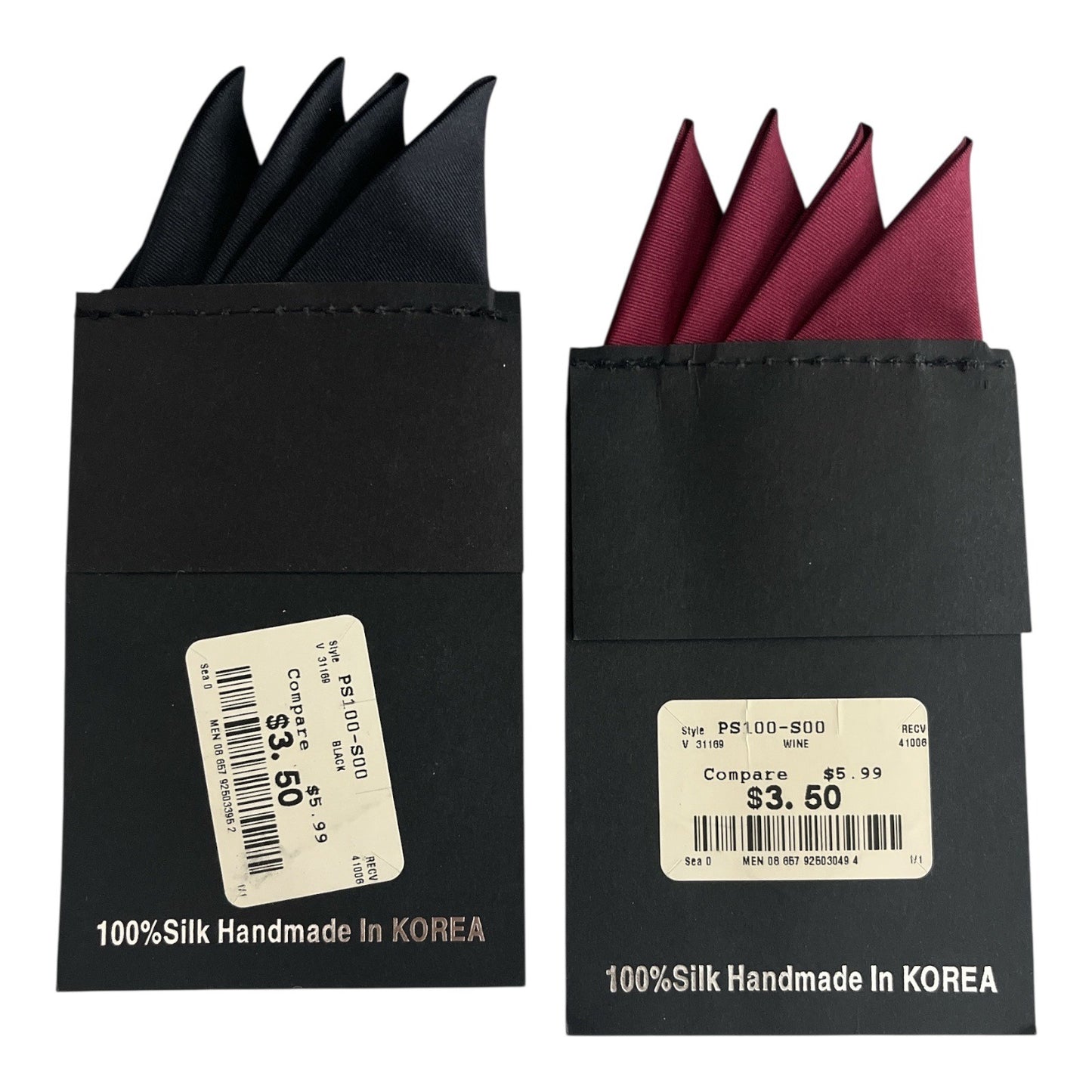 Set of 2 Bergamo New York 100% Silk Pocket Squares Black & Wine Handmade in Korea