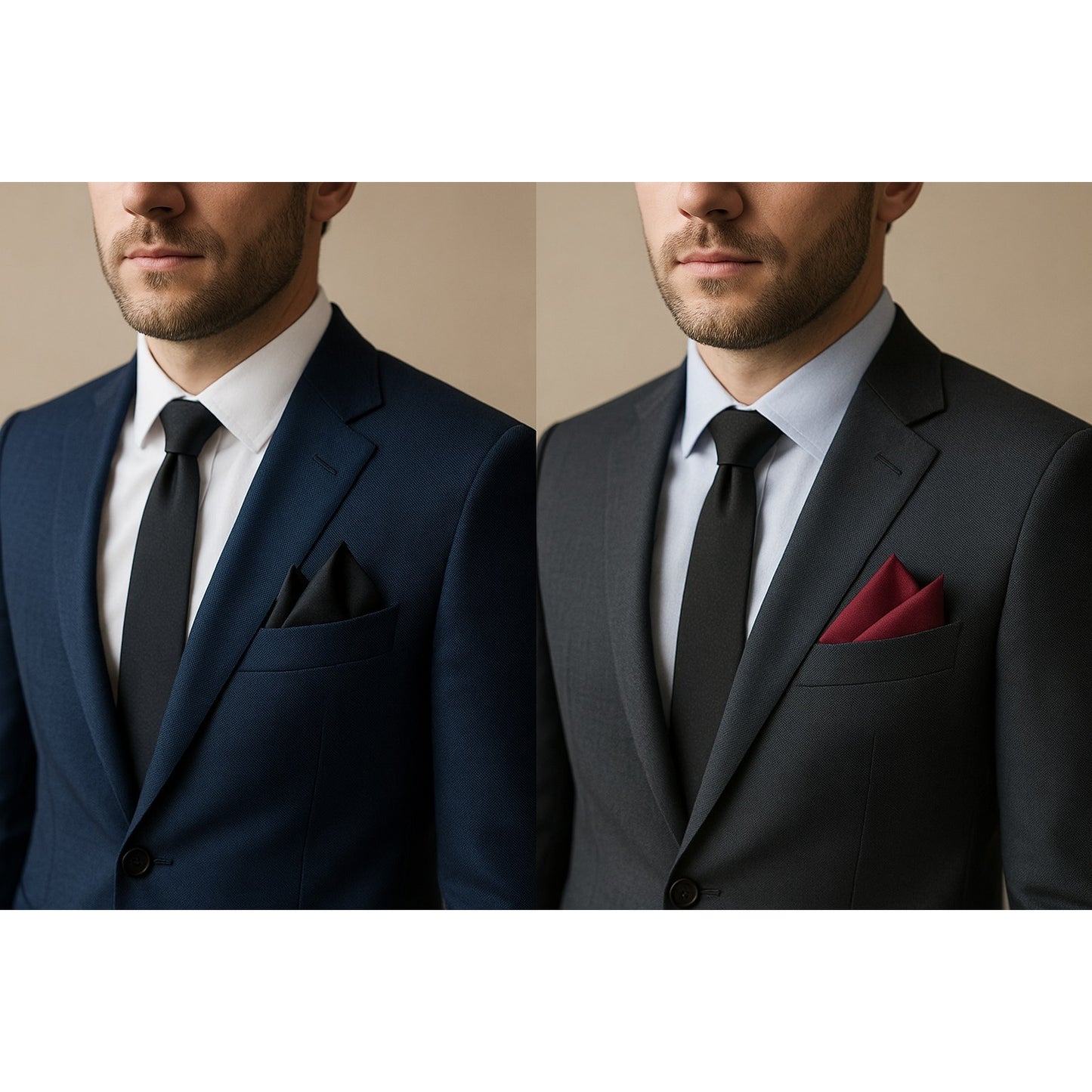 Set of 2 Bergamo New York 100% Silk Pocket Squares Black & Wine Handmade in Korea