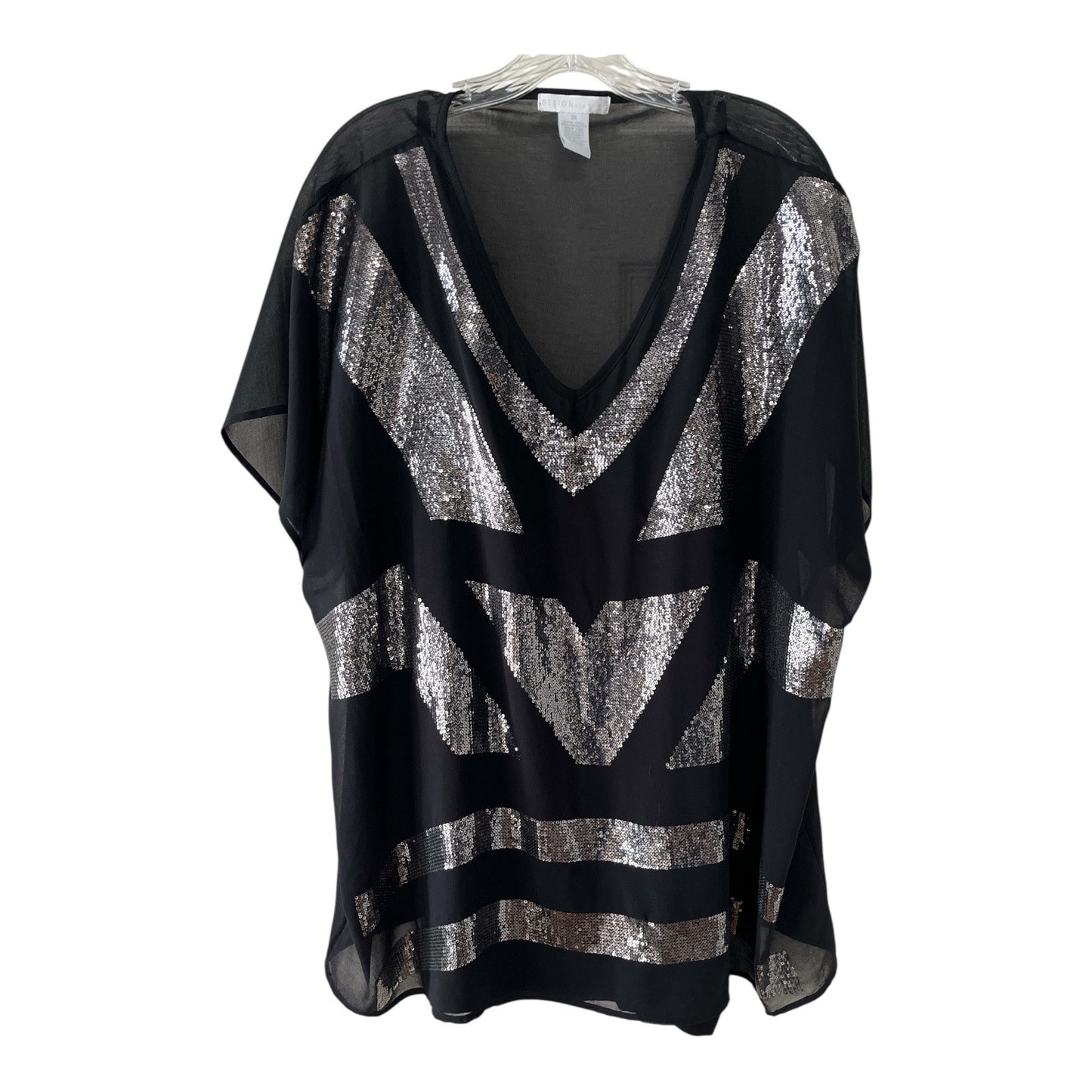 Design History Women’s 3X Black Sheer Sequin Tunic Top with Built-In Camisole, V-Neck, 2010s