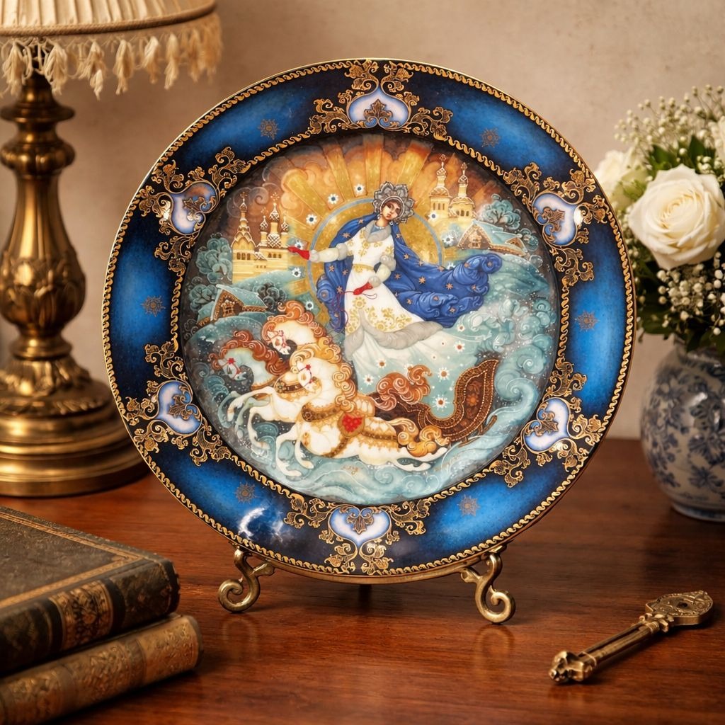 1992 Russian Porcelain Plate Winter Troika Scene Limited Edition Hand Painted Blue Gold 8”