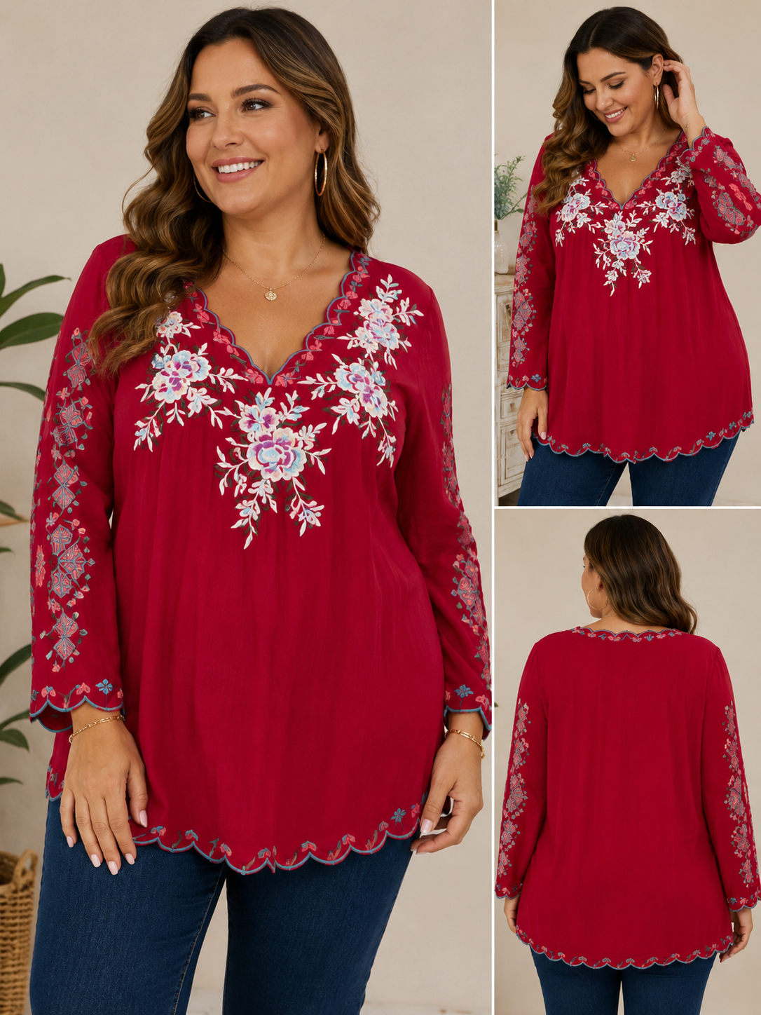 AK Embroidered Rayon Tunic Top 3XL Red Floral Boho Peasant Blouse NWT