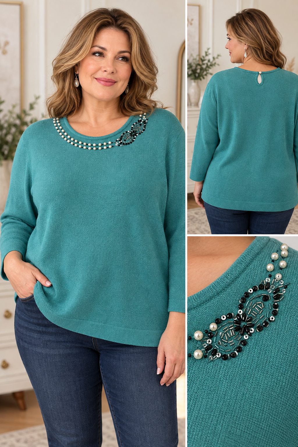 Koret Woman Teal Embellished Pearl Beaded Sweater Top Size 2X
