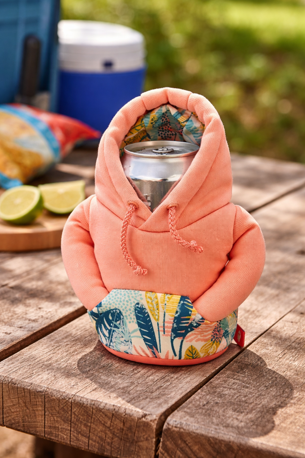 Puffin Drinkwear Peach Hoodie Can Cooler Tropical Lined Insulated Beverage Holder