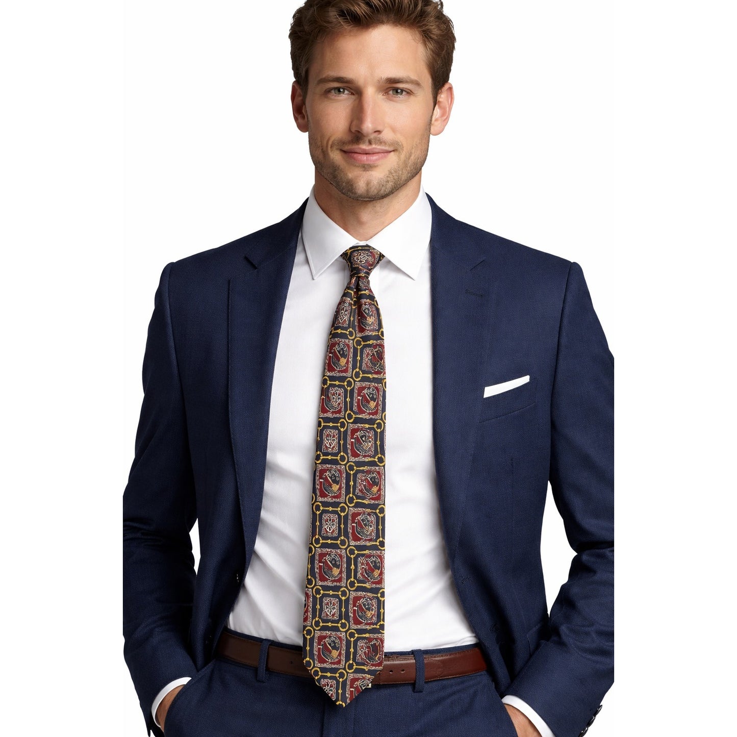 Lands’ End Silk Necktie Equestrian Bit & Bird Print Navy Burgundy