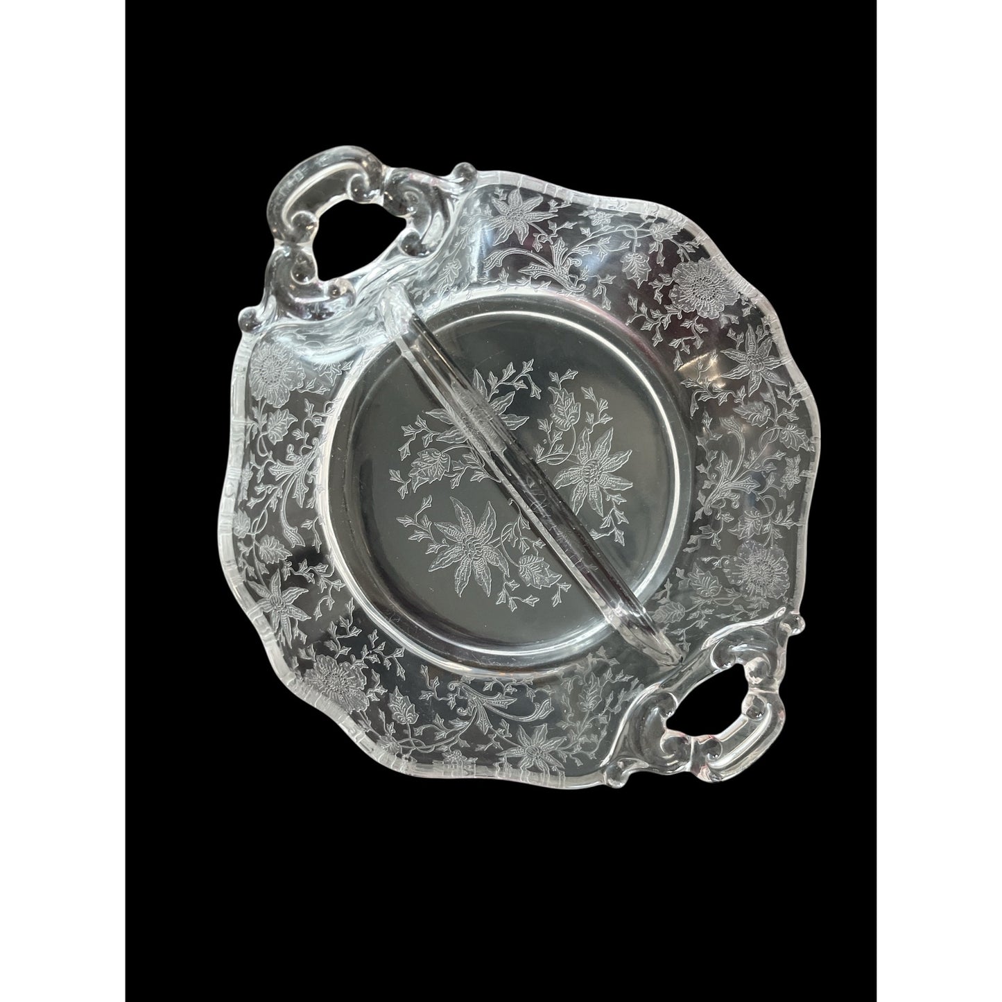 Cambridge Glass “Wildflower” Etched Divided Relish Dish with Handles