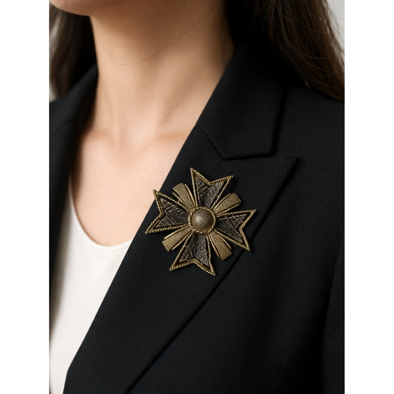 Vintage Maltese Cross Brooch Gold Tone Textured Ornate Statement Pin 2.5 Inch