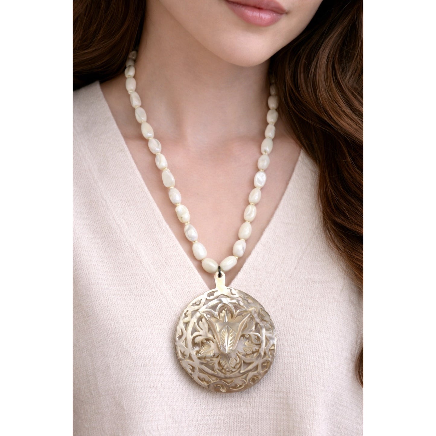 Vintage Sabra Intl Ltd Abalone Shell Pendant Necklace White Beaded Strand Floral Carved 8 Inch Drop