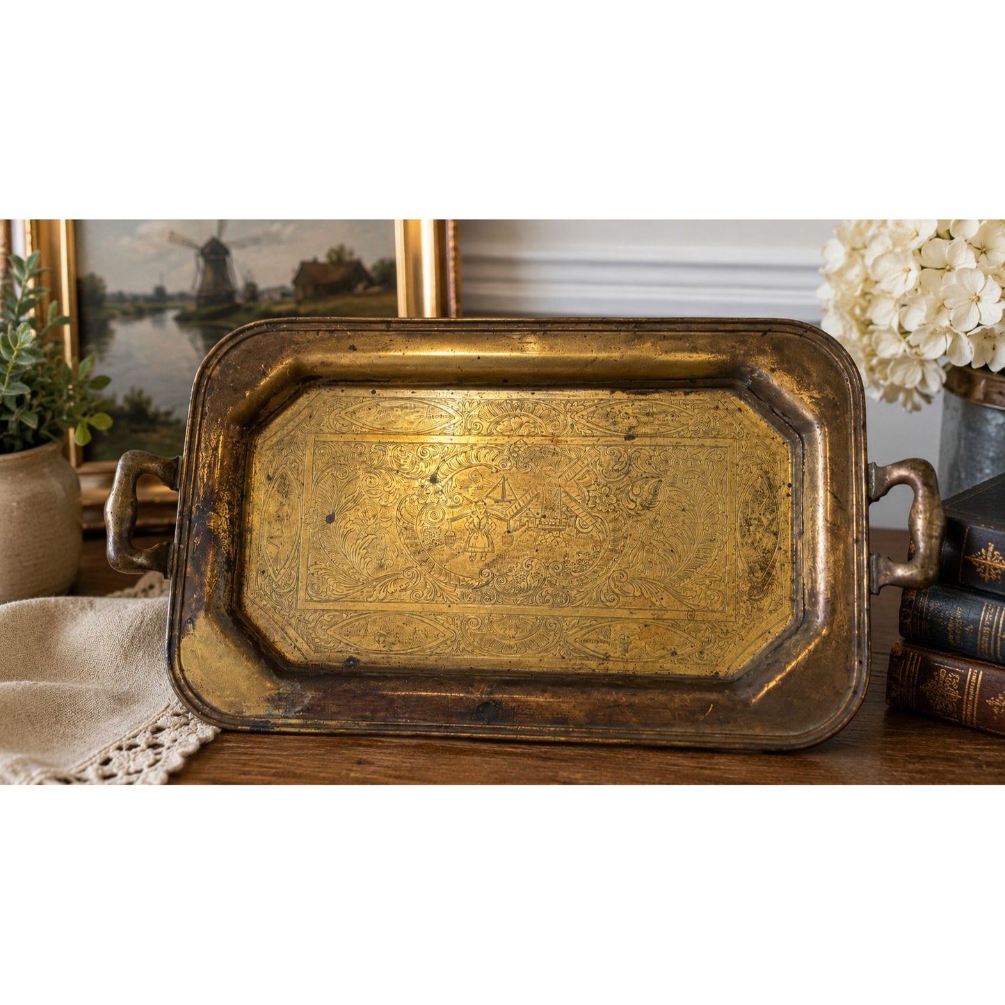 Antique Brass Tone Dutch Windmill Serving Tray Rectangular Handled Etched Metal 16x9