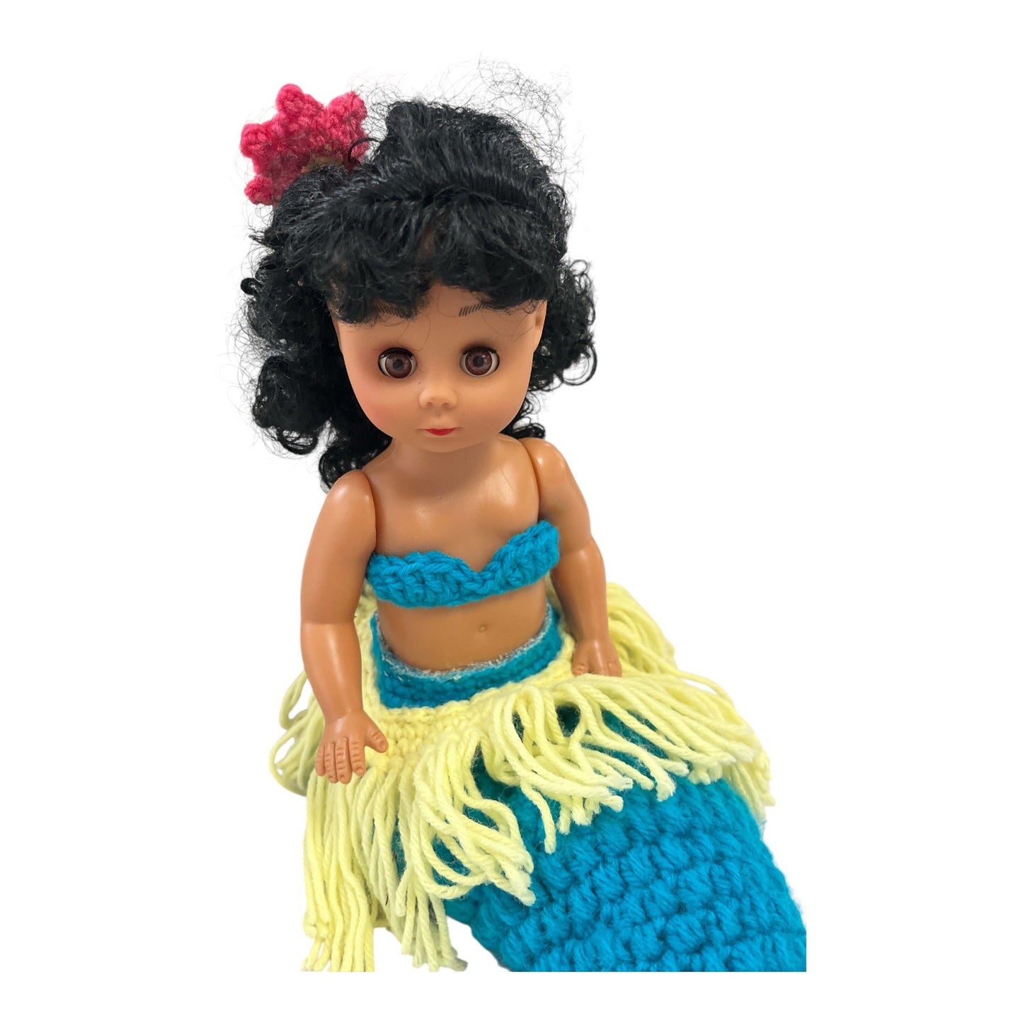 Vintage Hawaiian Mermaid Doll – Crocheted Costume, Black Curly Hair, 10”