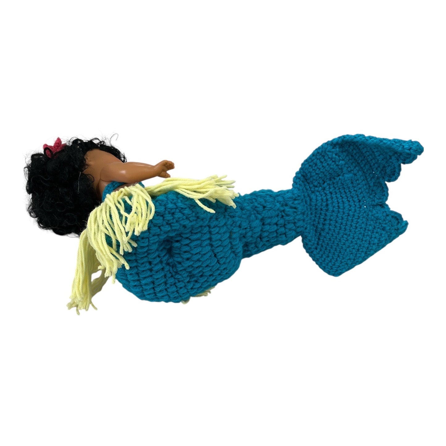 Vintage Hawaiian Mermaid Doll – Crocheted Costume, Black Curly Hair, 10”