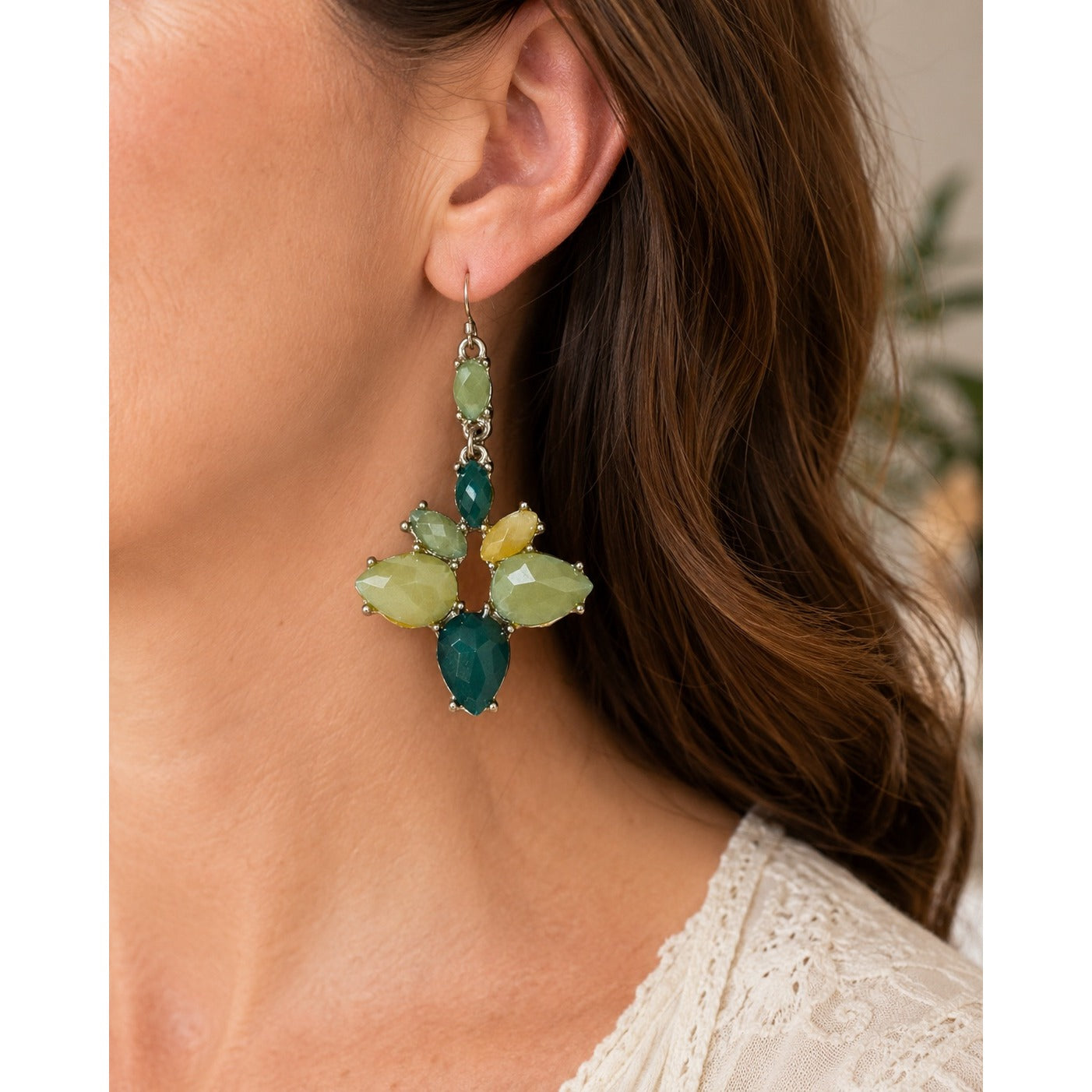 Green & Yellow Faceted Rhinestone Chandelier Dangle Earrings Silver Tone
