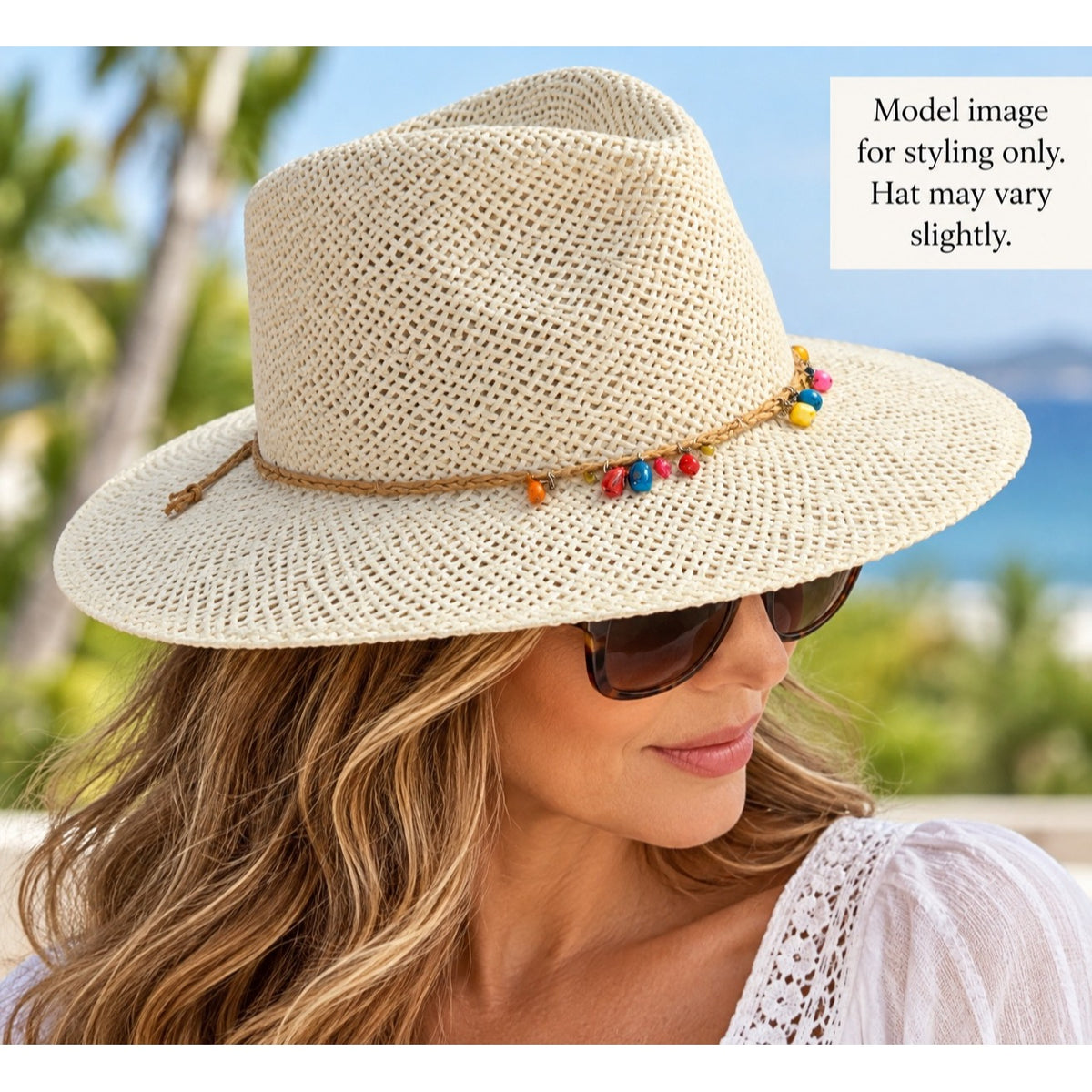 Italian Paper Straw Fedora Hat Cream Wide Brim Colorful Beaded Band Size 57
