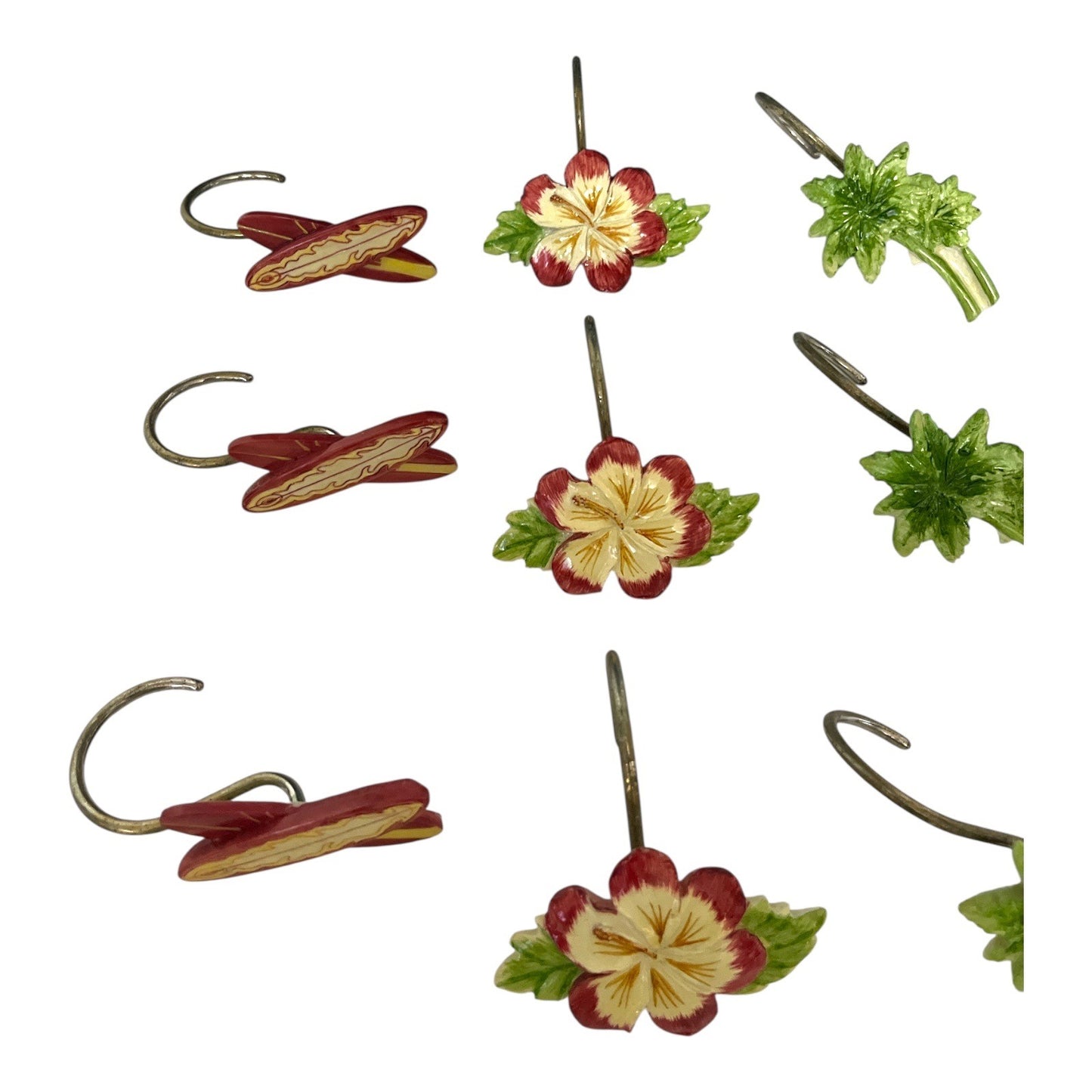 Tropical Shower Curtain Hooks – Surfboards, Hibiscus Flowers, Palm Trees, Woodie Cars
