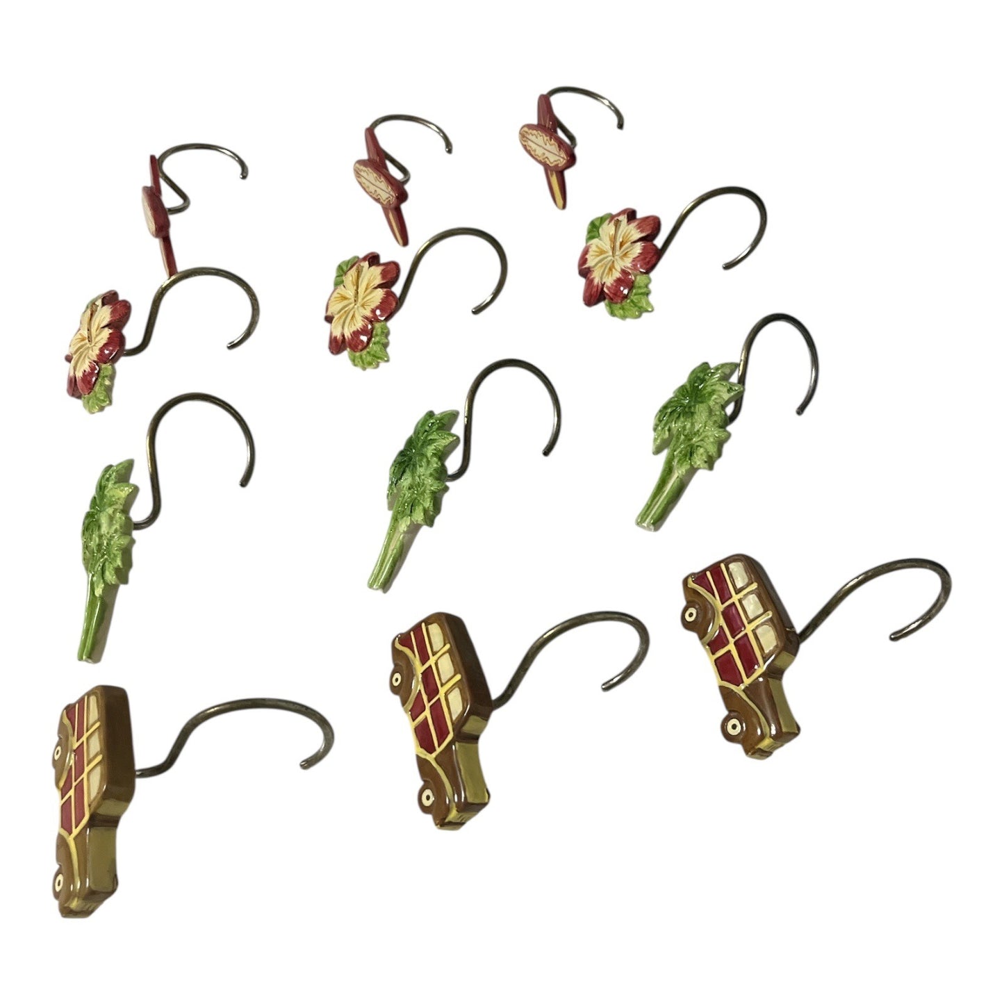 Tropical Shower Curtain Hooks – Surfboards, Hibiscus Flowers, Palm Trees, Woodie Cars