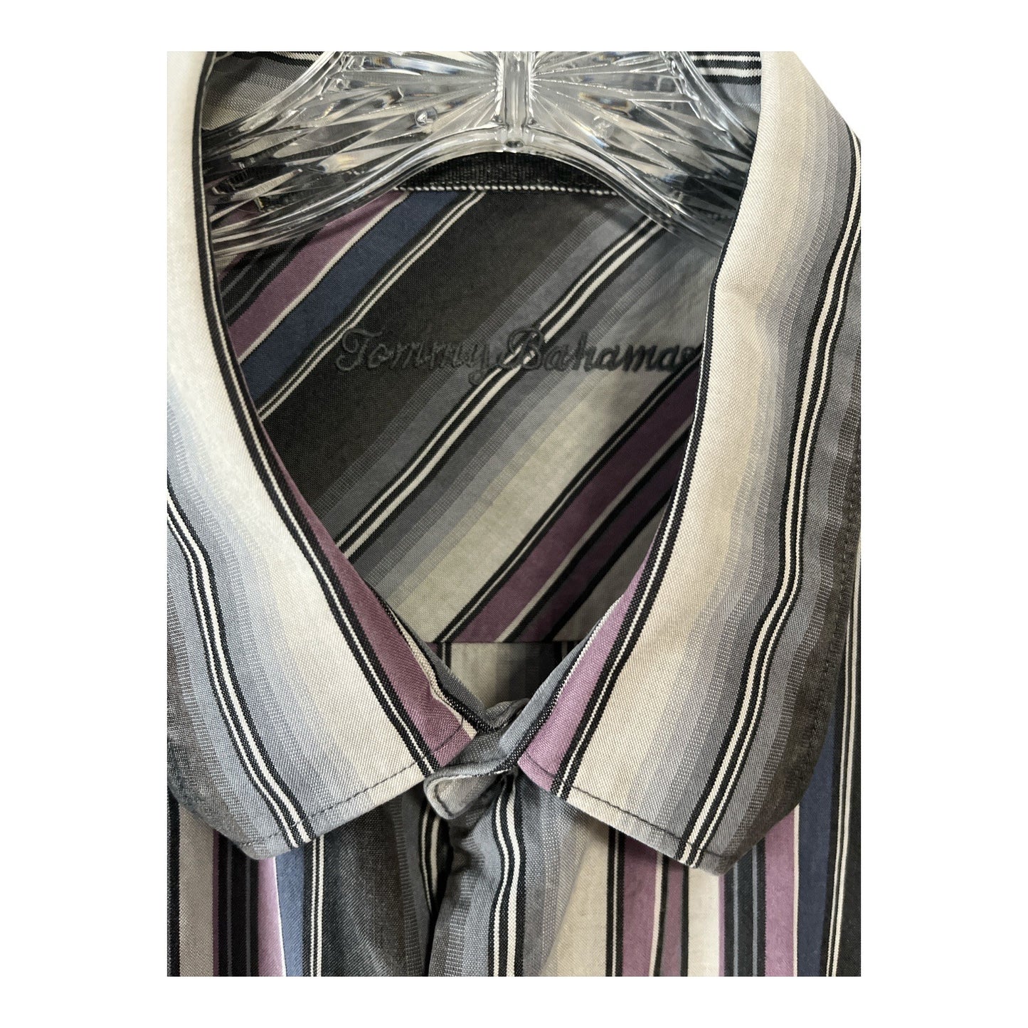Vtg Tommy Bahama Men’s XXL Striped Shirt – Silk Blend Button Down, Gray Purple Black, 54" Chest