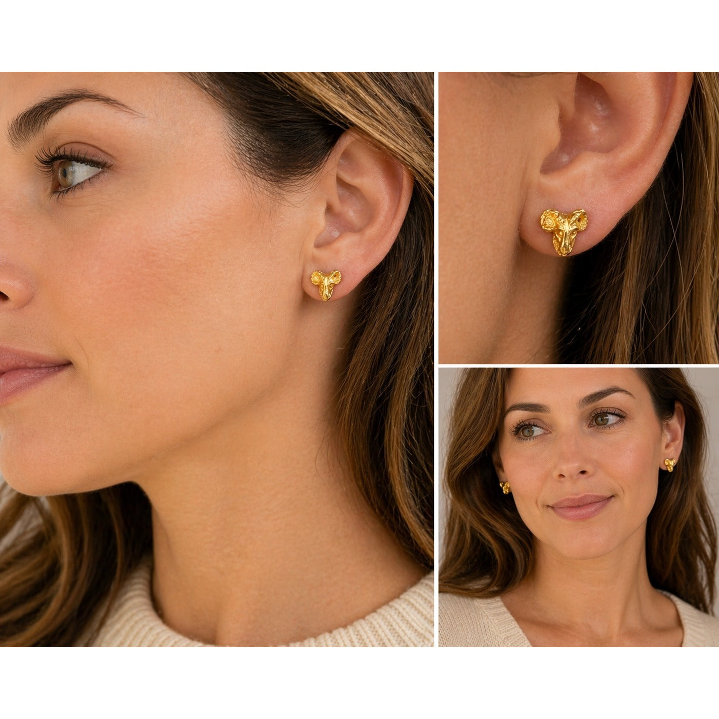 Gold Tone Ram Head Stud Earrings Animal Skull Minimalist Boho Western Style