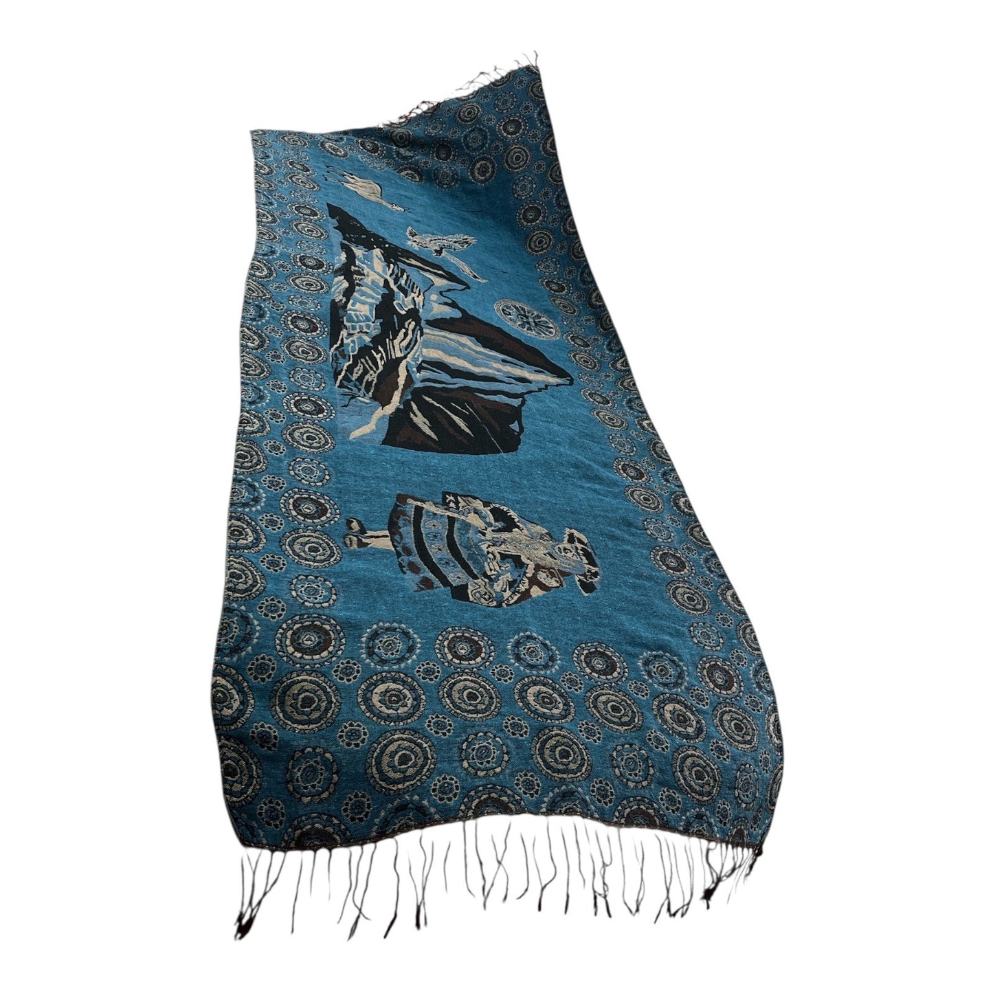 Peruvian Mountain Scene Woven Shawl / Wrap 67x26 Vtg