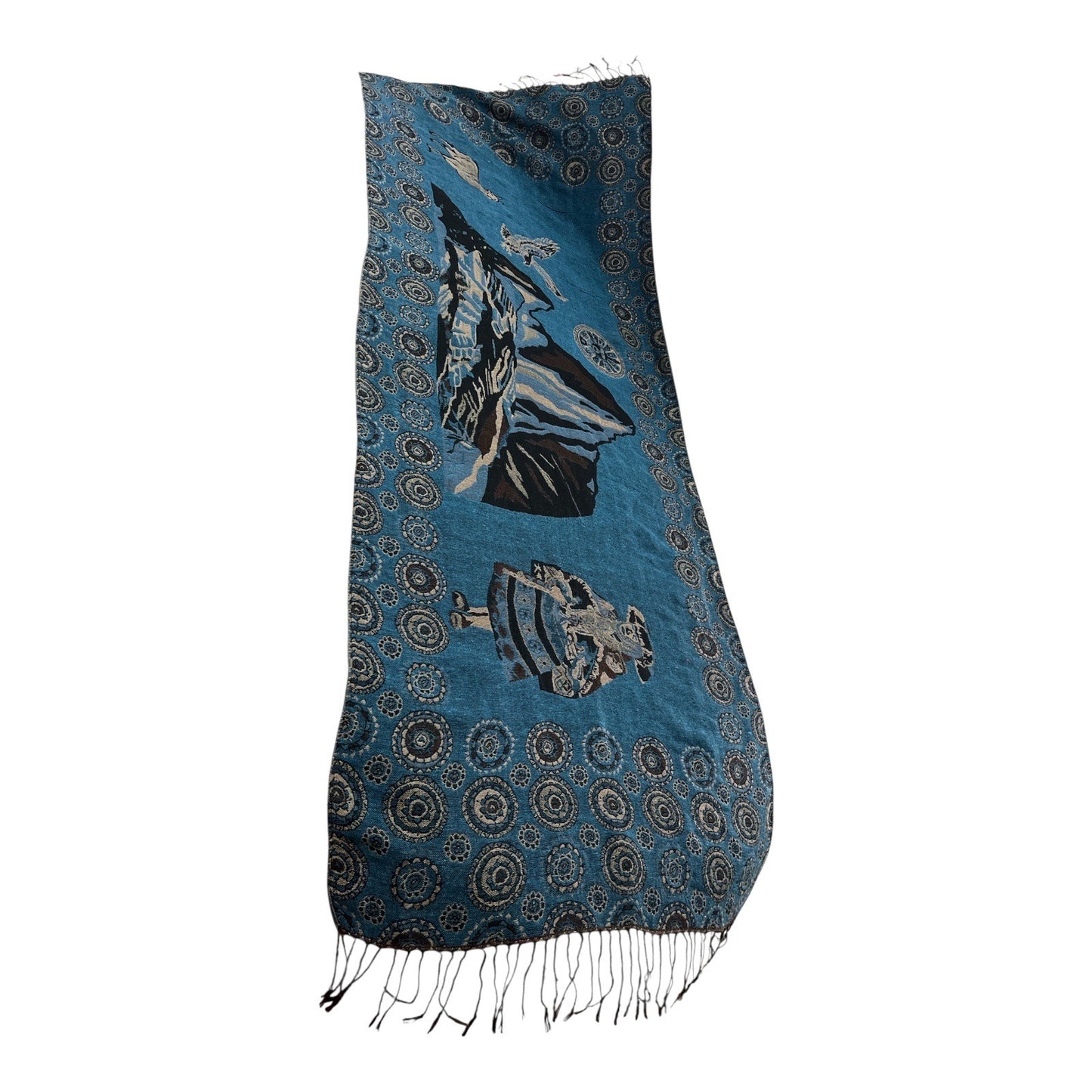 Peruvian Mountain Scene Woven Shawl / Wrap 67x26 Vtg