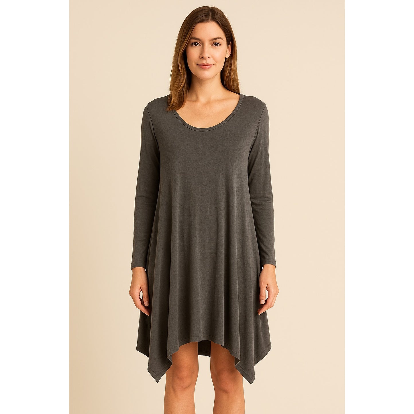 Easel Women’s Size L Charcoal Gray Long Sleeve Swing Tunic Dress – Style ED8763 – NWT