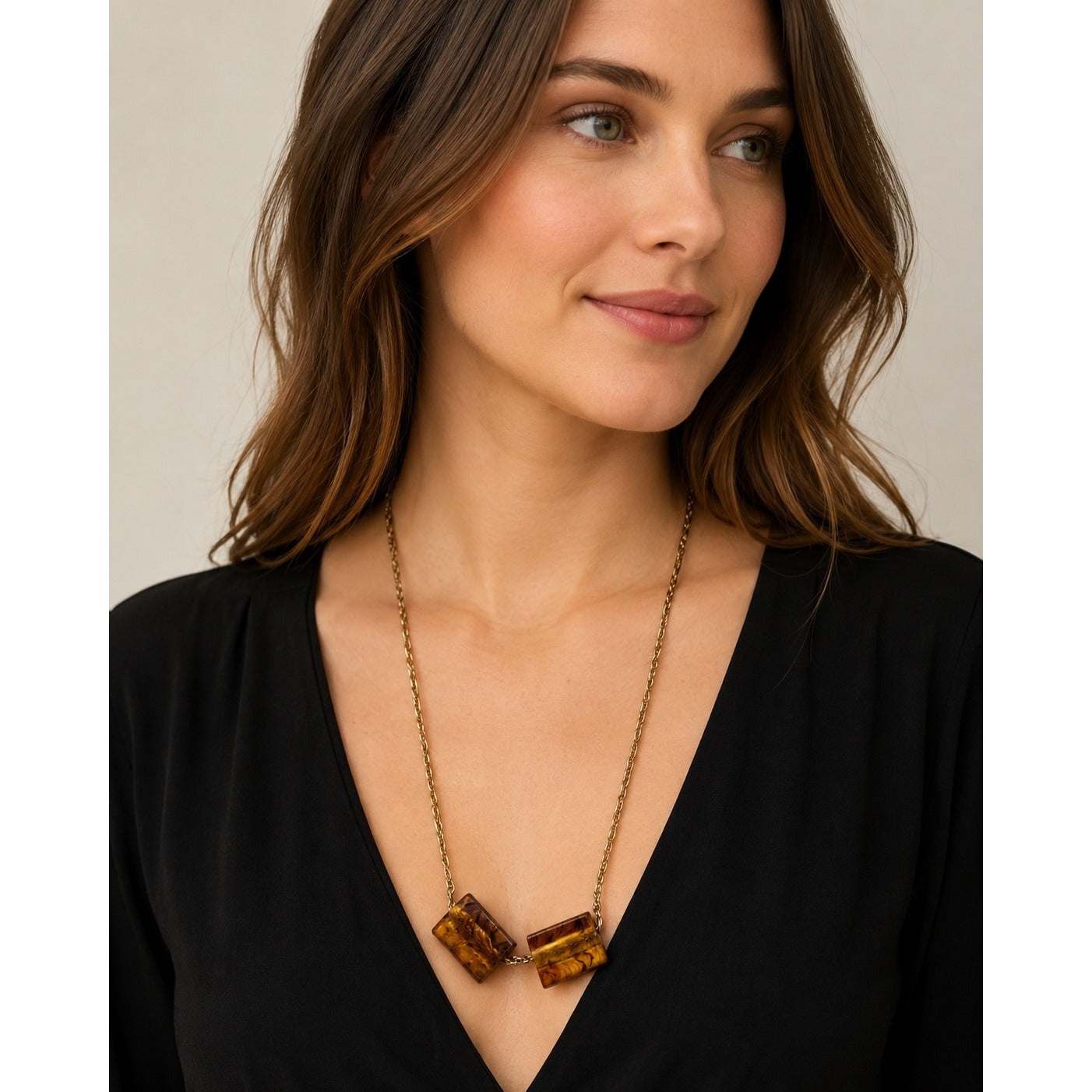 Vintage Amber Lucite Resin Block Necklace Gold Tone Chain Geometric Statement 22in