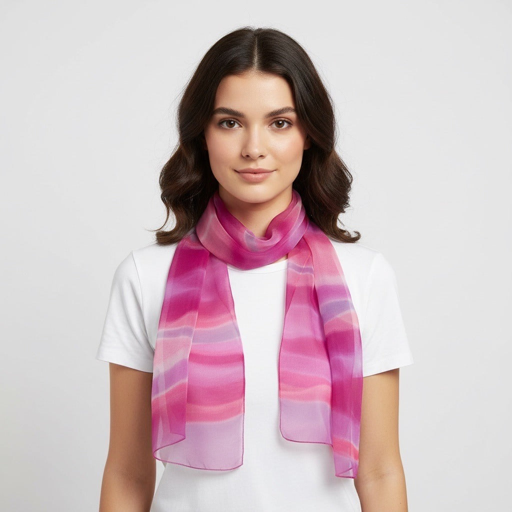 Vtg Early 2000s Italian Sheer Scarf Pink Ombré Wave Print Lightweight Wrap
