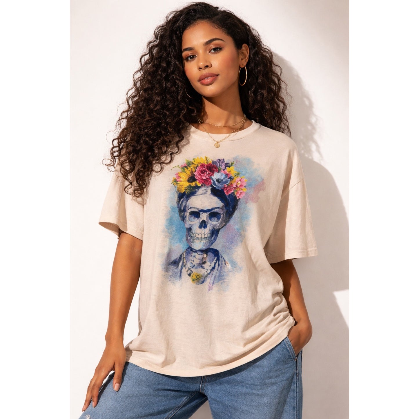 Frida Kahlo Graphic T Shirt XL Jerry Leigh Blush Beige Skull Floral Portrait