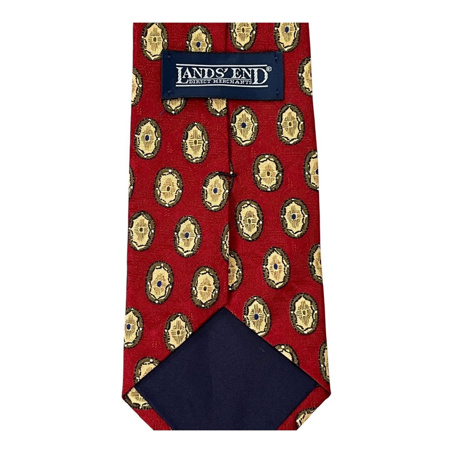 Lands’ End Silk Tie – Red Geometric Oval Pattern – 57” x 3.5” – Vintage
