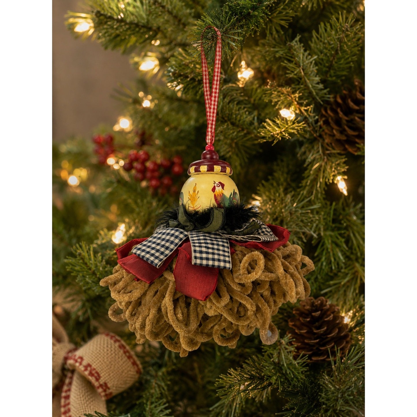 Country Rooster Mop Head Ornament Primitive Farmhouse Chicken Christmas Decoration