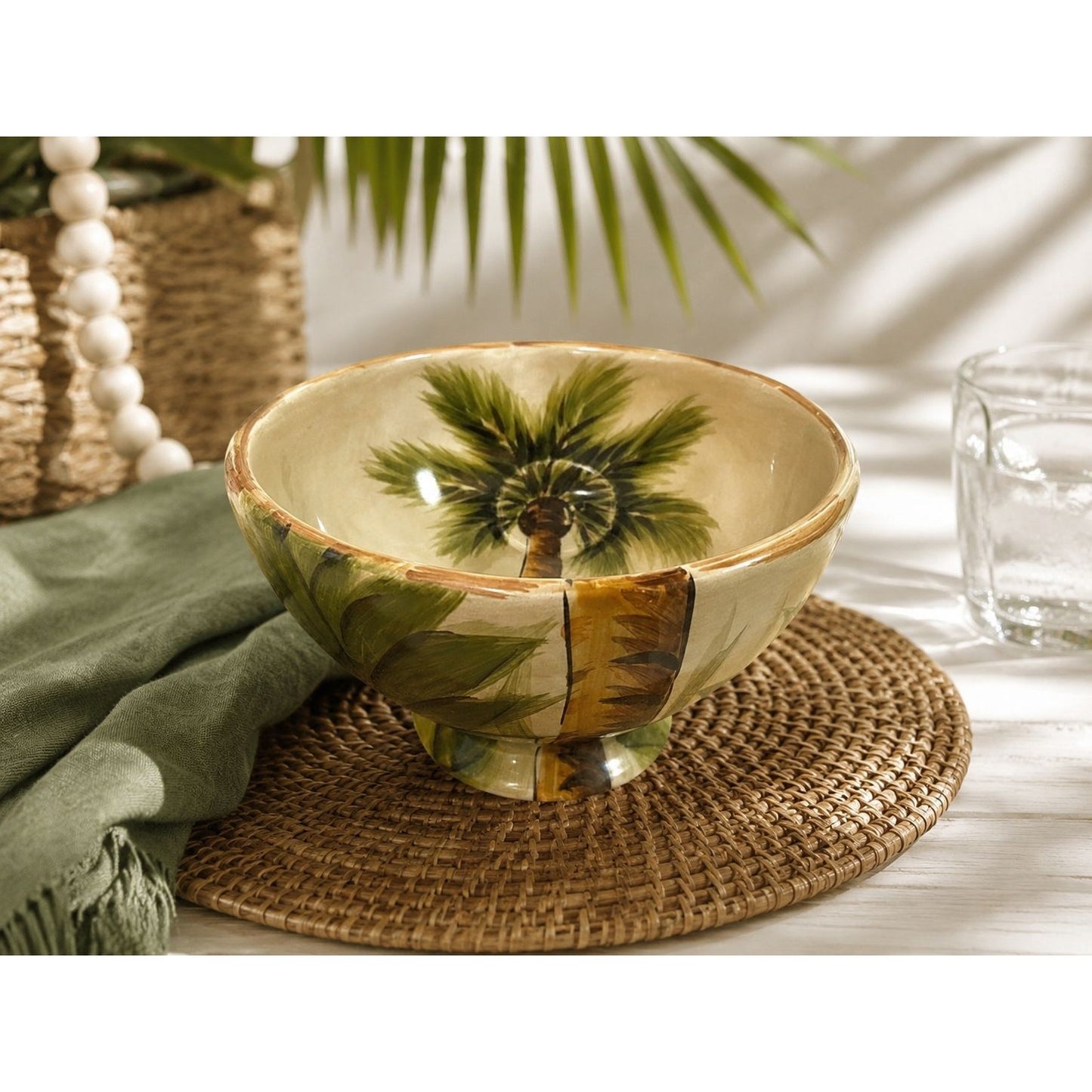 Tabletops Lifestyles Kona Palm Tree Soup Cereal Bowl Hand Painted Tropical Pedestal Bowl