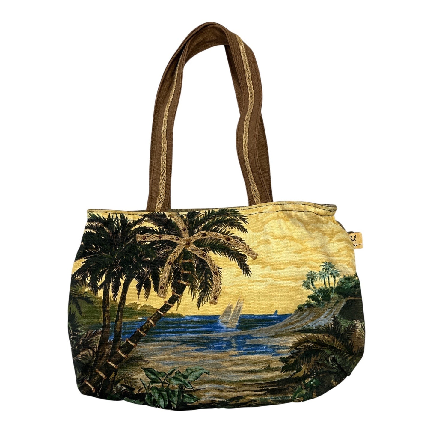 Paul Brent Tropical Canvas Tote Bag – Missing Zipper Pull – Palm Trees, Sailboat