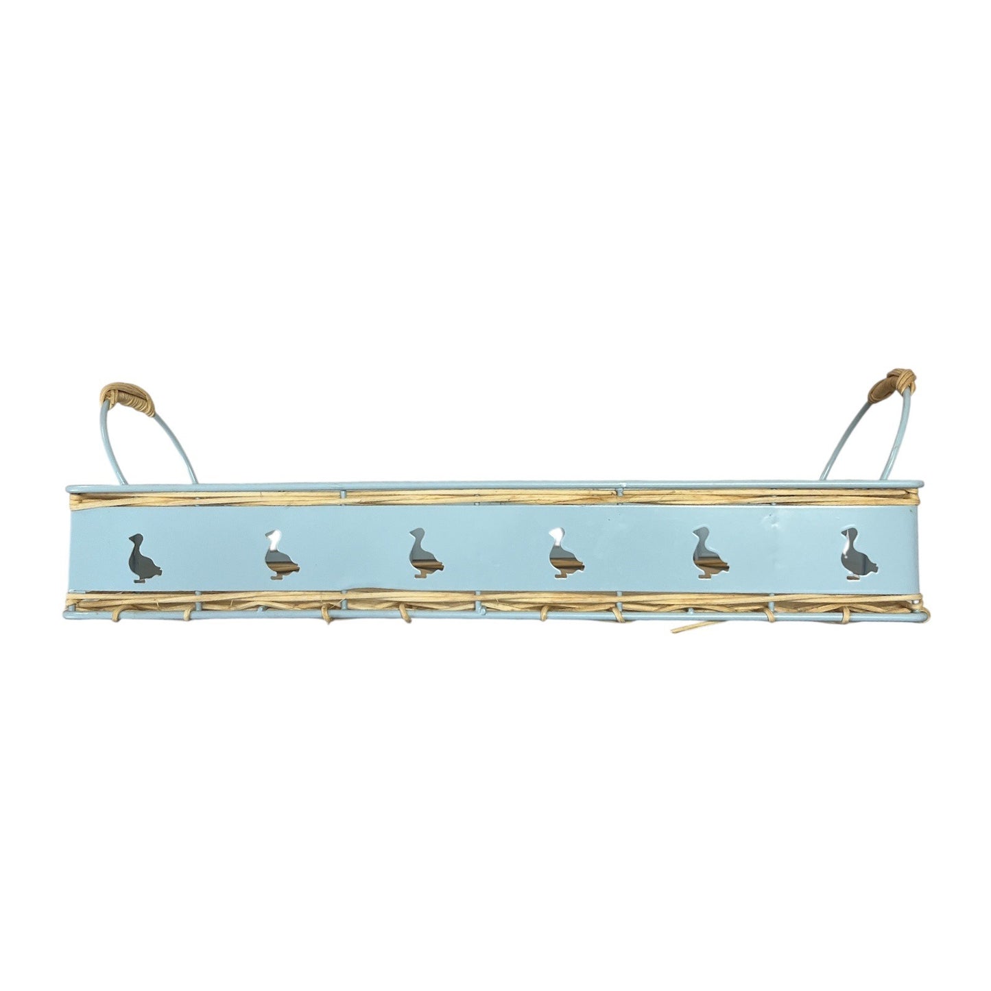 Vintage Blue Metal & Wicker Tray – Duck Cutout Handles – 1980s