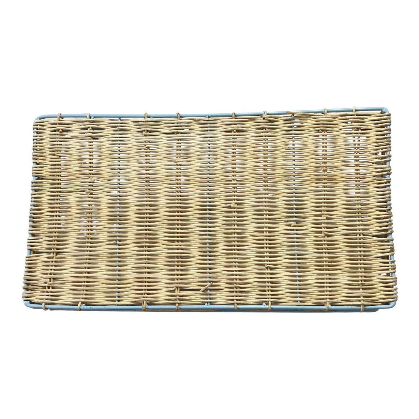 Vintage Blue Metal & Wicker Tray – Duck Cutout Handles – 1980s