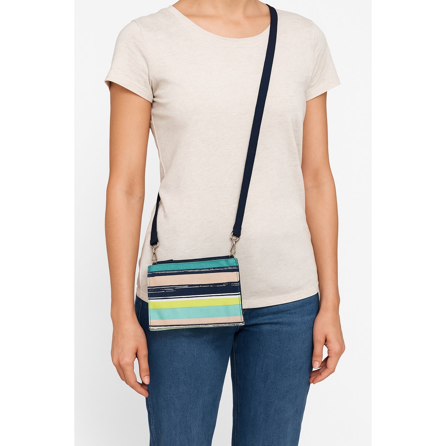 Thirty-One Striped Crossbody Wallet Purse Navy Aqua Lime Travel Organizer