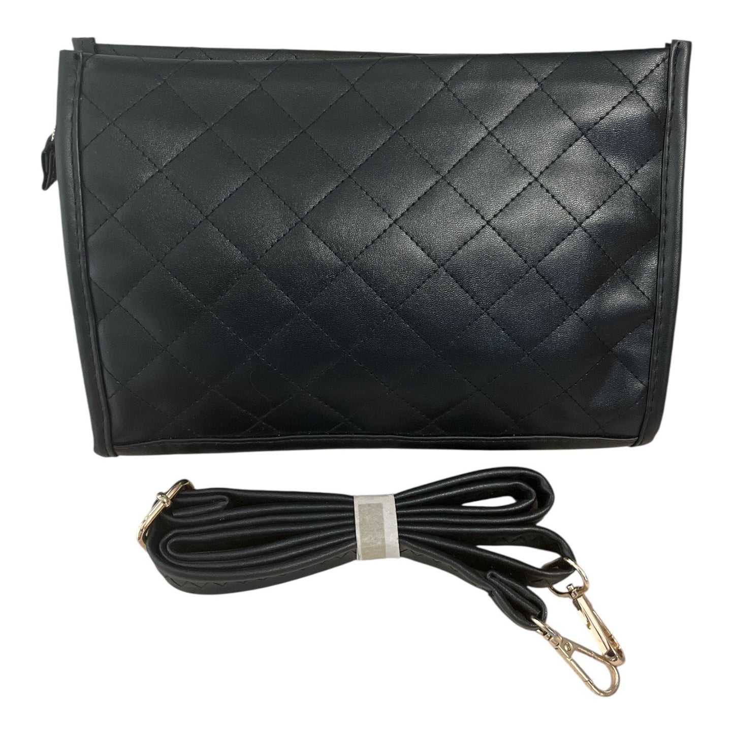 Younique Black Quilted Faux Leather Crossbody Bag – Iridescent Lining, Gold Logo, Adjustable Strap