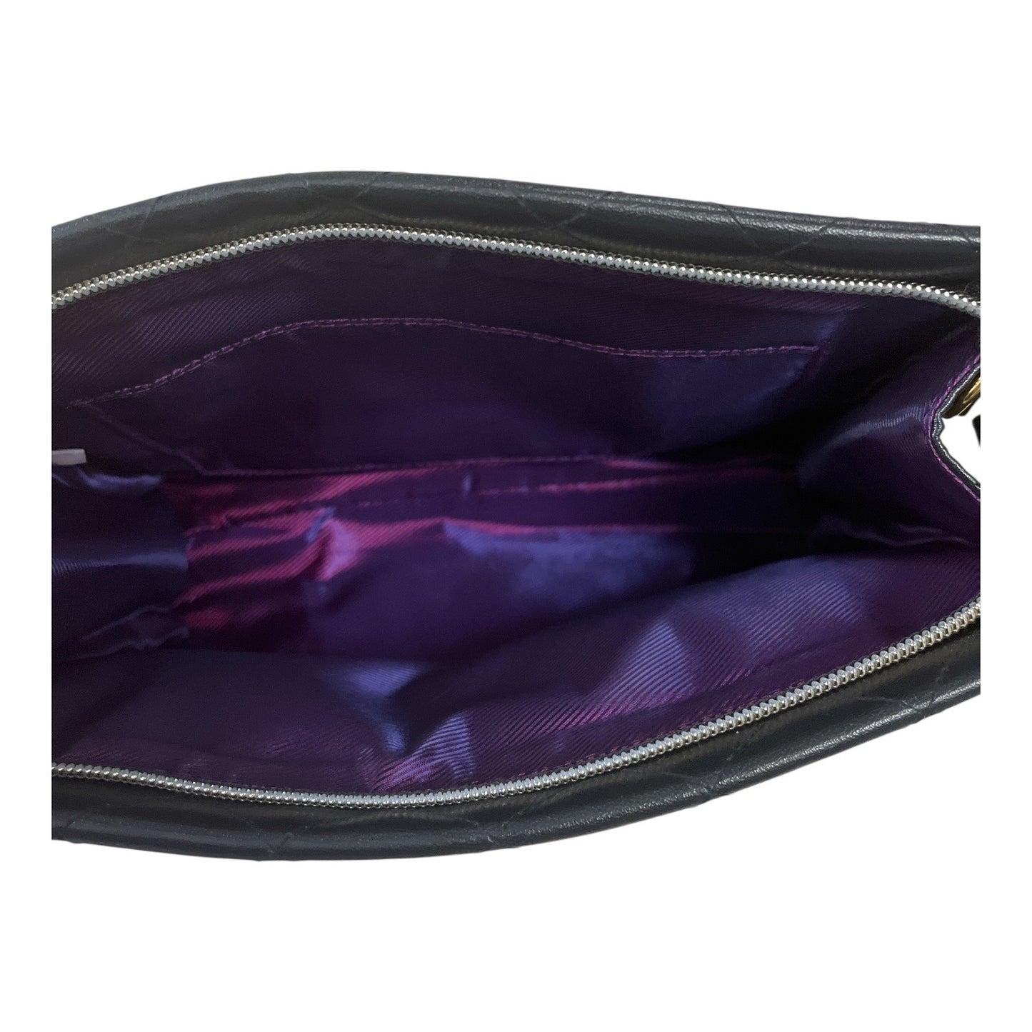 Younique Black Quilted Faux Leather Crossbody Bag – Iridescent Lining, Gold Logo, Adjustable Strap
