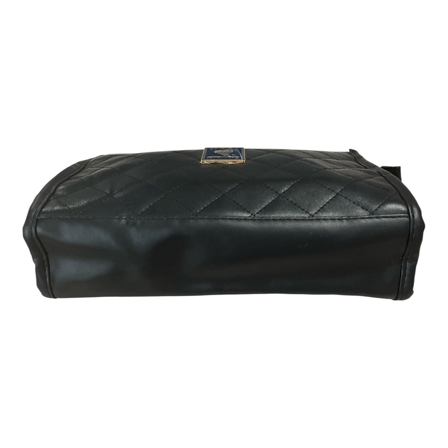 Younique Black Quilted Faux Leather Crossbody Bag – Iridescent Lining, Gold Logo, Adjustable Strap
