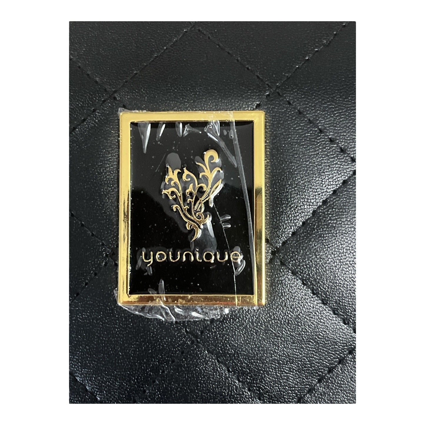 Younique Black Quilted Faux Leather Crossbody Bag – Iridescent Lining, Gold Logo, Adjustable Strap