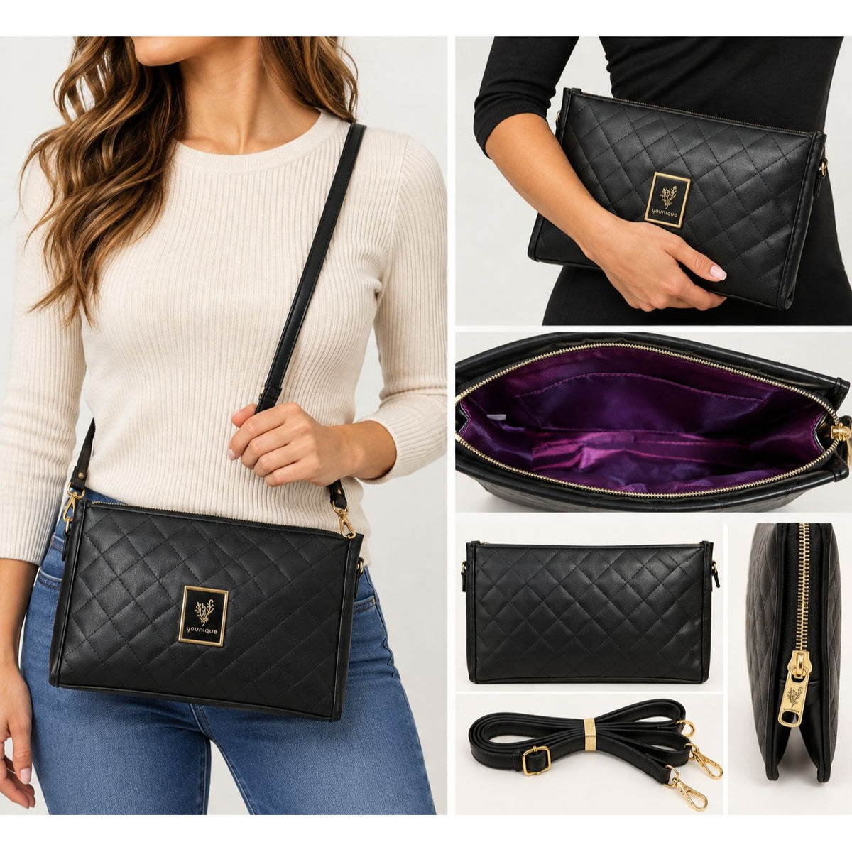 Younique Black Quilted Crossbody Clutch Purse Gold Tone Hardware