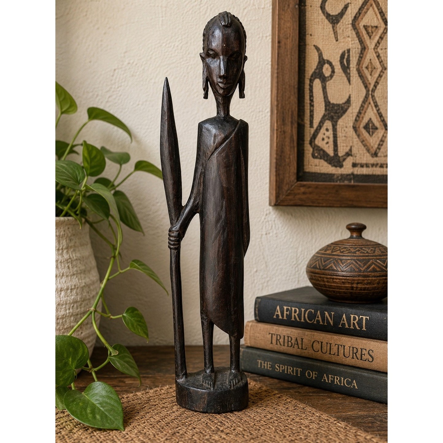Hand Carved African Warrior Sculpture Wood Figure with Spear 12" Tribal Folk Art Statue