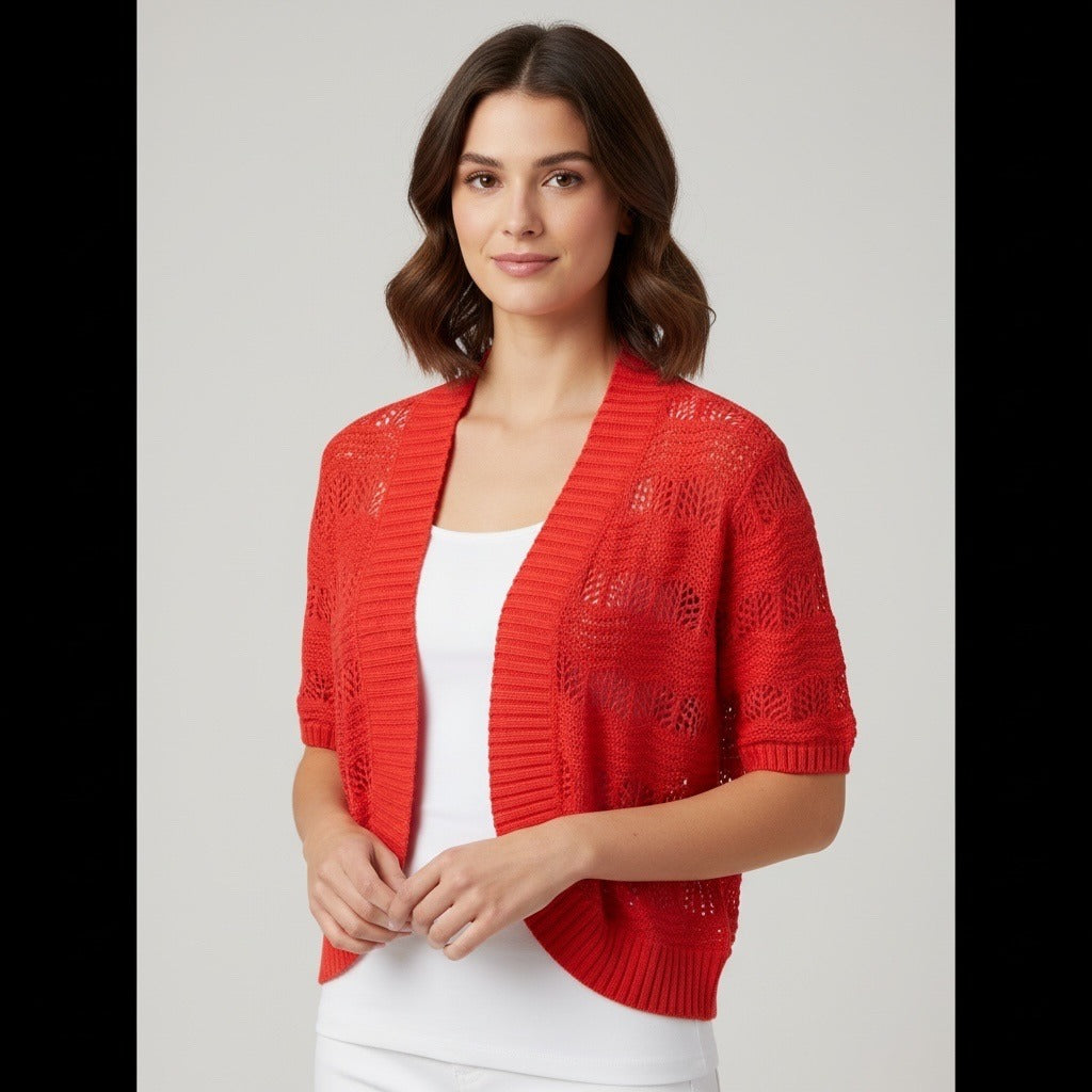 St John’s Bay Red Orange Open Knit Short Sleeve Cardigan Women’s XL