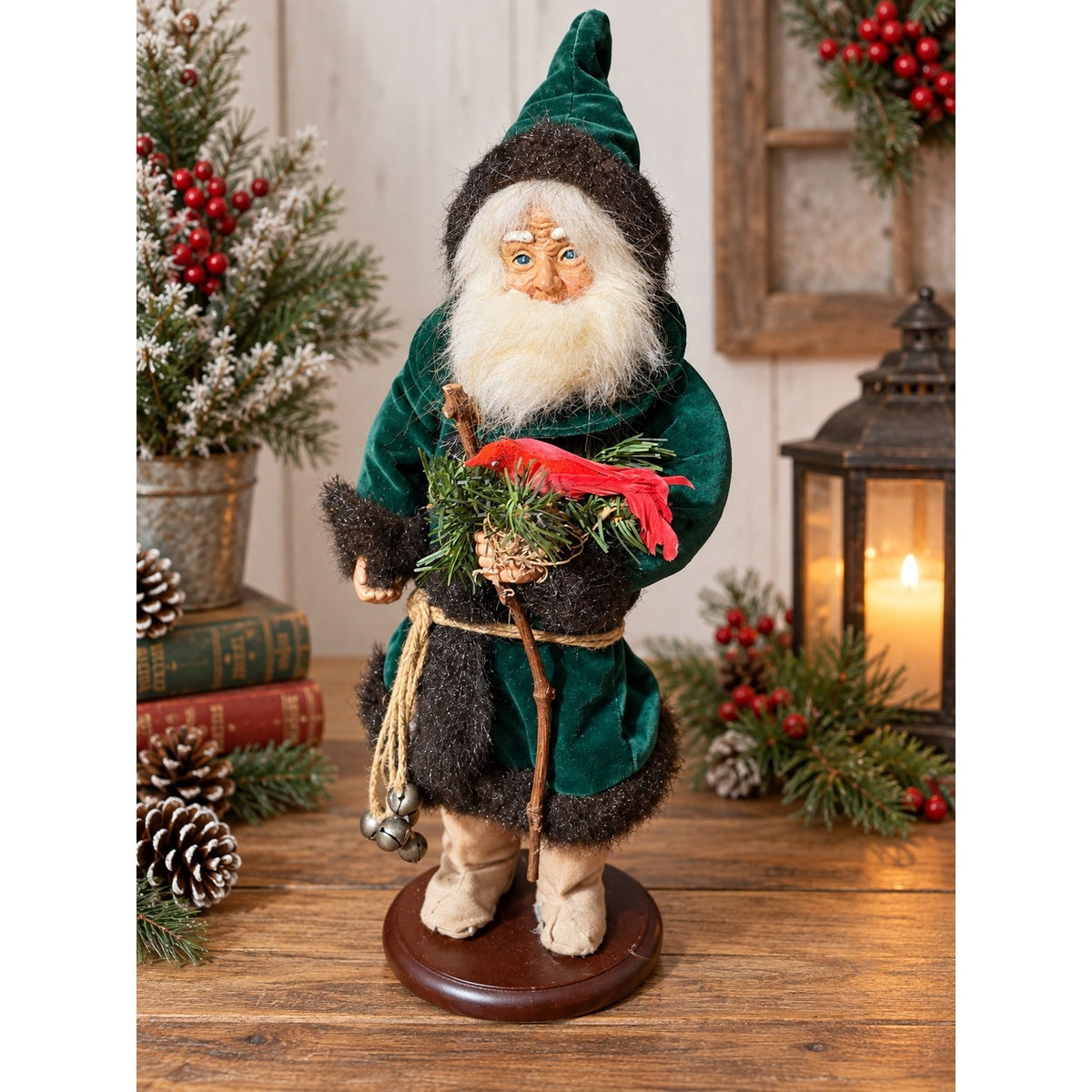 Vintage 18 Inch Woodland Santa Father Christmas Green Velvet with Red Cardinal